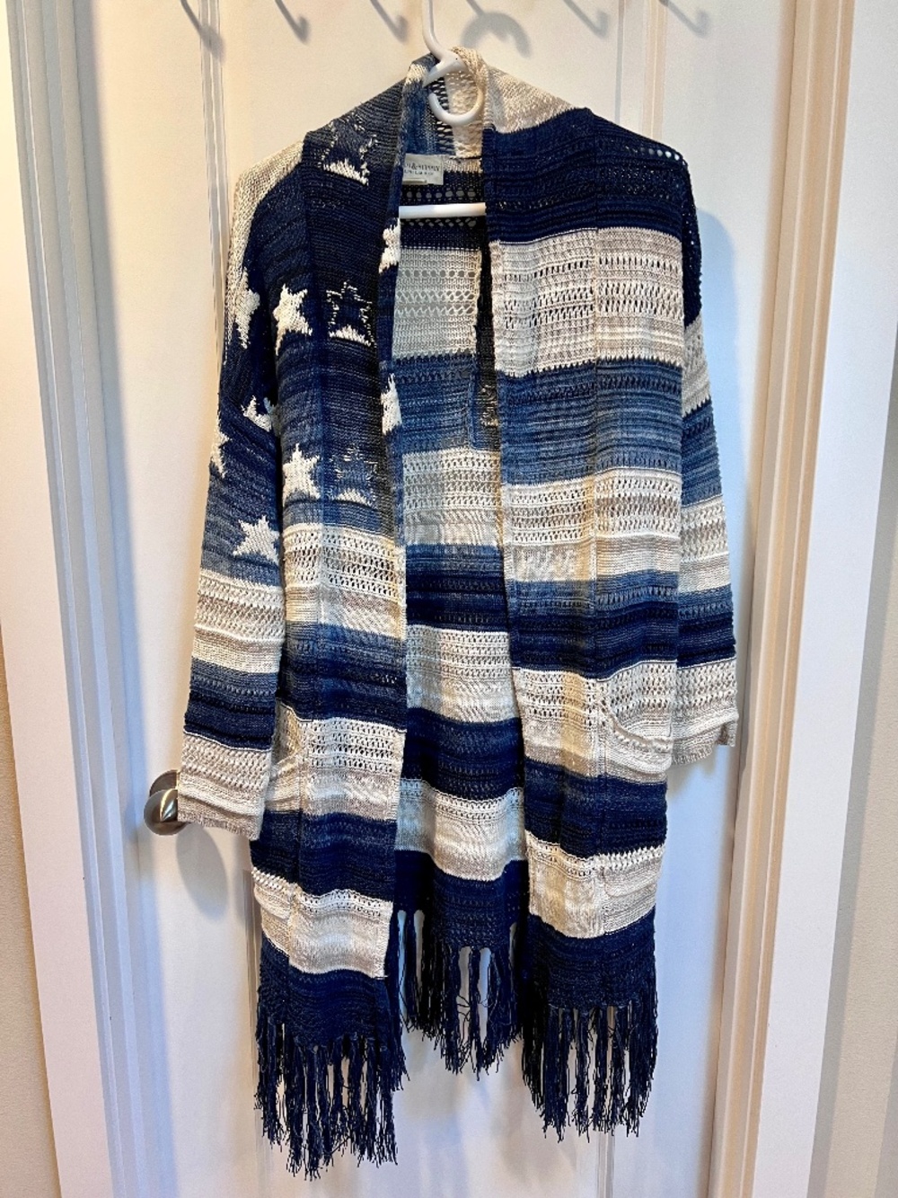 Denim & Supply Ralph Lauren Navy and White Striped Fringe Open Cardigan